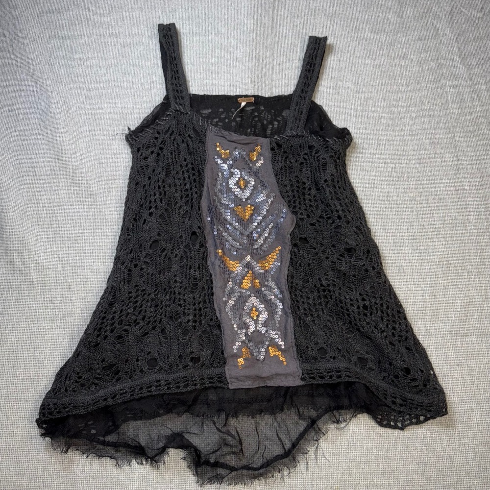 Free People Black Crochet Sequin Tank Top Boho Mesh Hem Small
